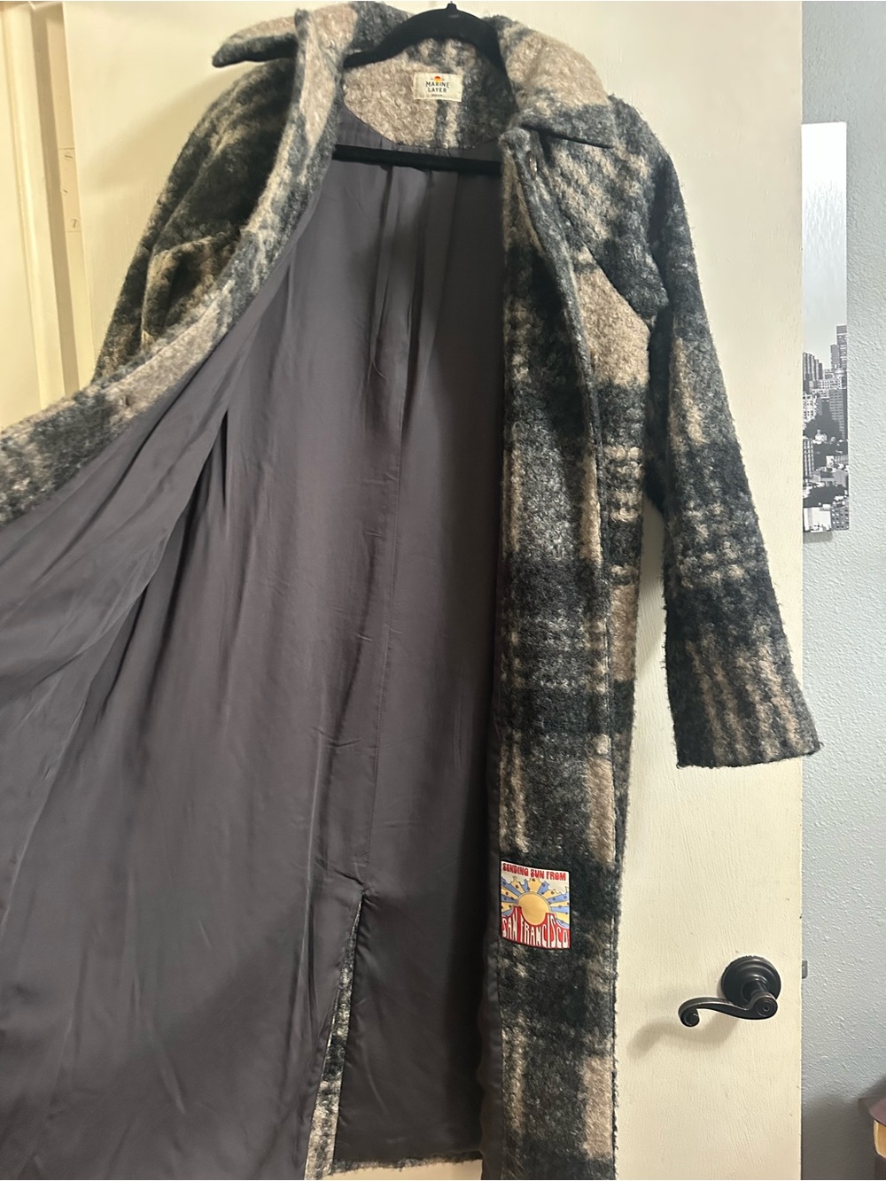 Marine Layer Plaid Longline Aspen Coat in Black & Tan - Picture 5 of 7